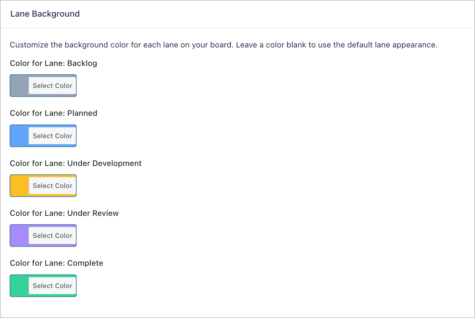 Lane Background settings showing color swatches assigned to each lane: gray for Backlog, blue for Planned, orange for Under Development, purple for Under Review, and green for Complete