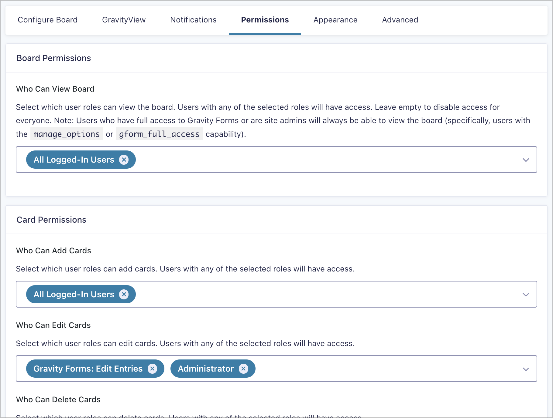 Permissions tab with Board Permissions and Card Permissions sections, showing roles like All Logged-In Users and Administrator assigned to each capability