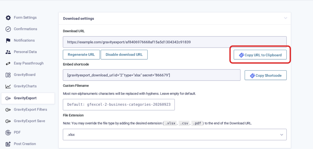 The Download settings on a form's GravityExport tab showing the Download URL with the Copy URL to Clipboard button highlighted; the sidebar now lists GravityExport Filters and GravityExport Save