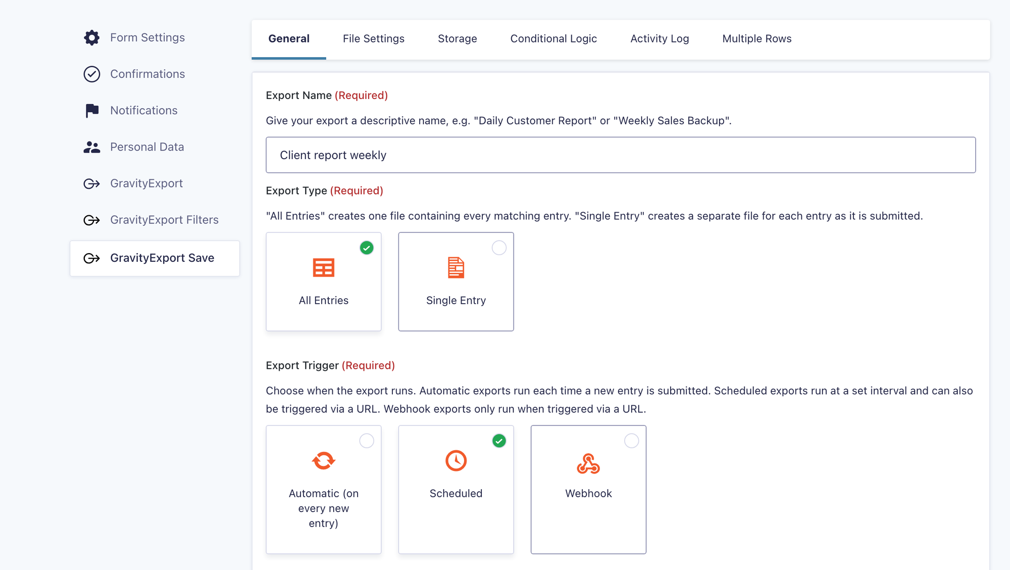 The General tab of a new GravityExport Save feed, showing the Export Name field, the Export Type tiles with All Entries selected, and the Export Trigger tiles with Scheduled selected