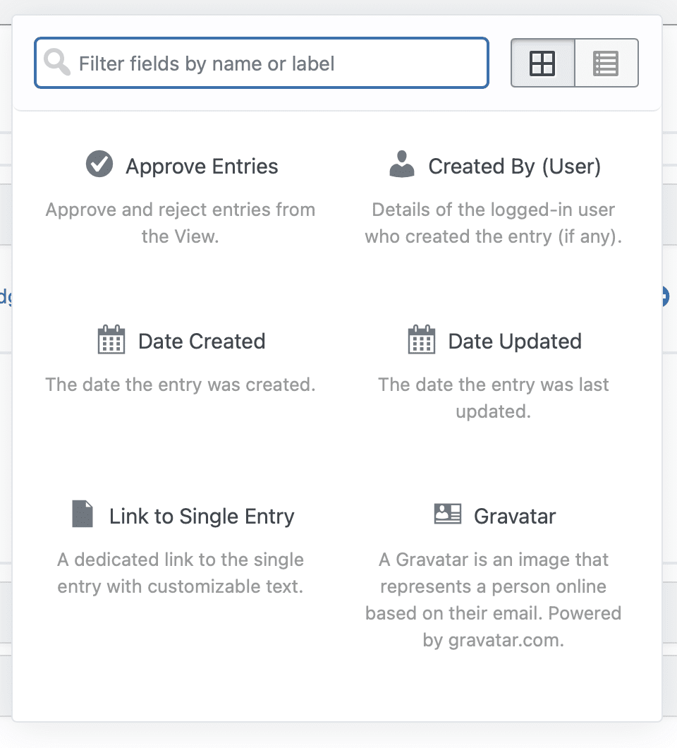 the new field picker showing the new grid layout
