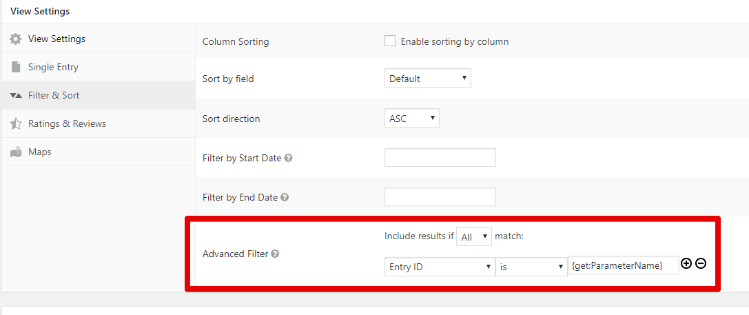 the Sort & Filter View Settings pane, with Advanced Filtering configured to filter by 'Entry ID' 'is' '{get:ParameterName}'