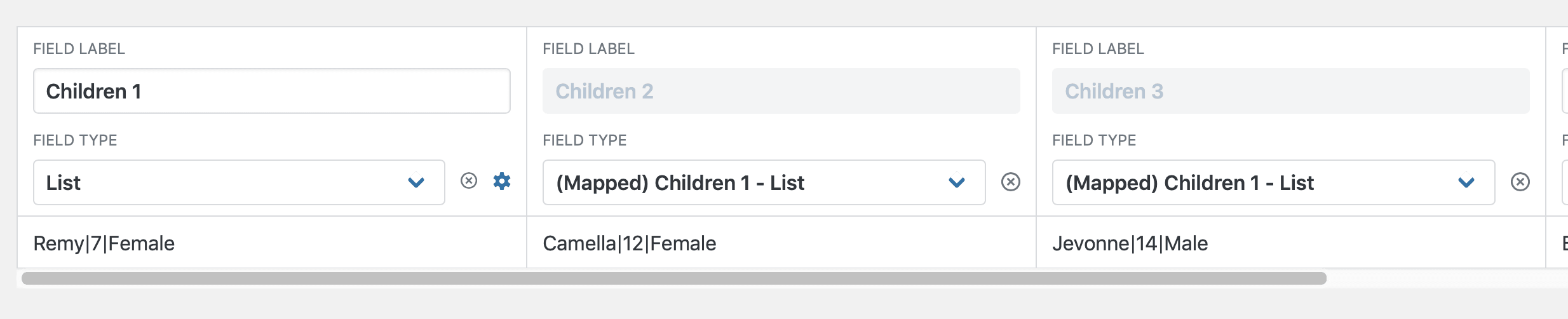 Form fields for importing lists labeled Children 1, 2, 3 with names, ages, and genders