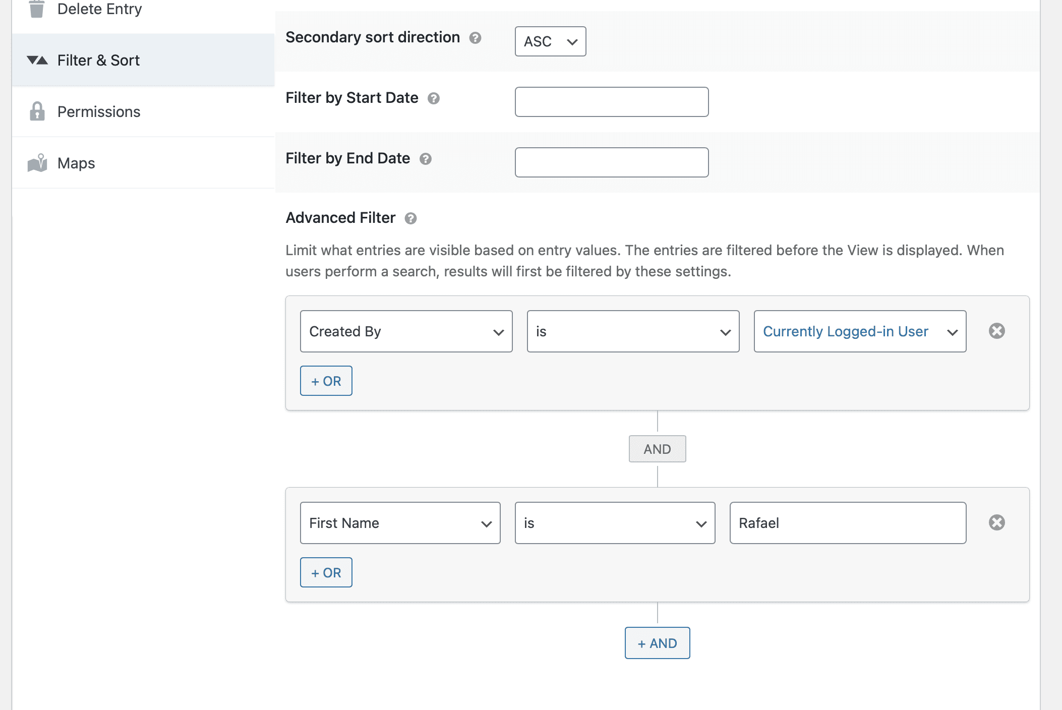 Screenshot of Advanced Filter extension filters filtering by logged-in status and the first name of a field.