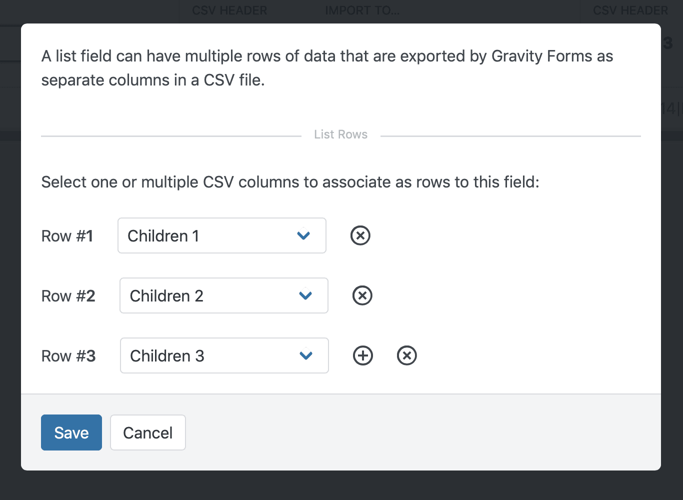 Select CSV columns for list field rows with save or cancel options