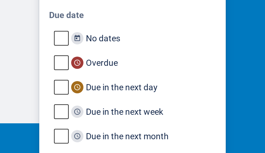 The Due date section of the filter popover, listing No dates, Overdue, Due in the next day, Due in the next week and Due in the next month