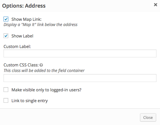Screenshot showing the Address field Settings modal