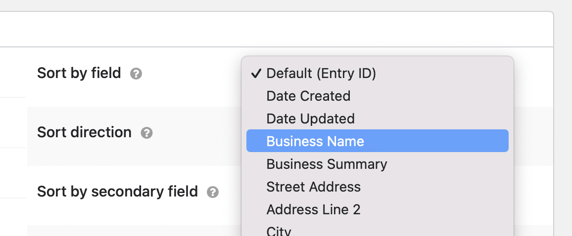 Screenshot of 'Sort by field' setting dropdown open