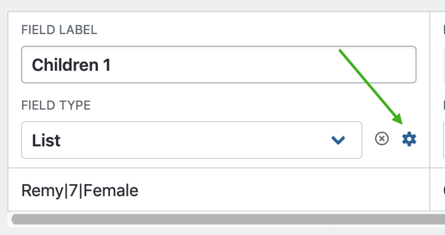 Form field setup with "Children 1" label; type is List. Gear icon for settings highlighted. Data: Remy|7|Female