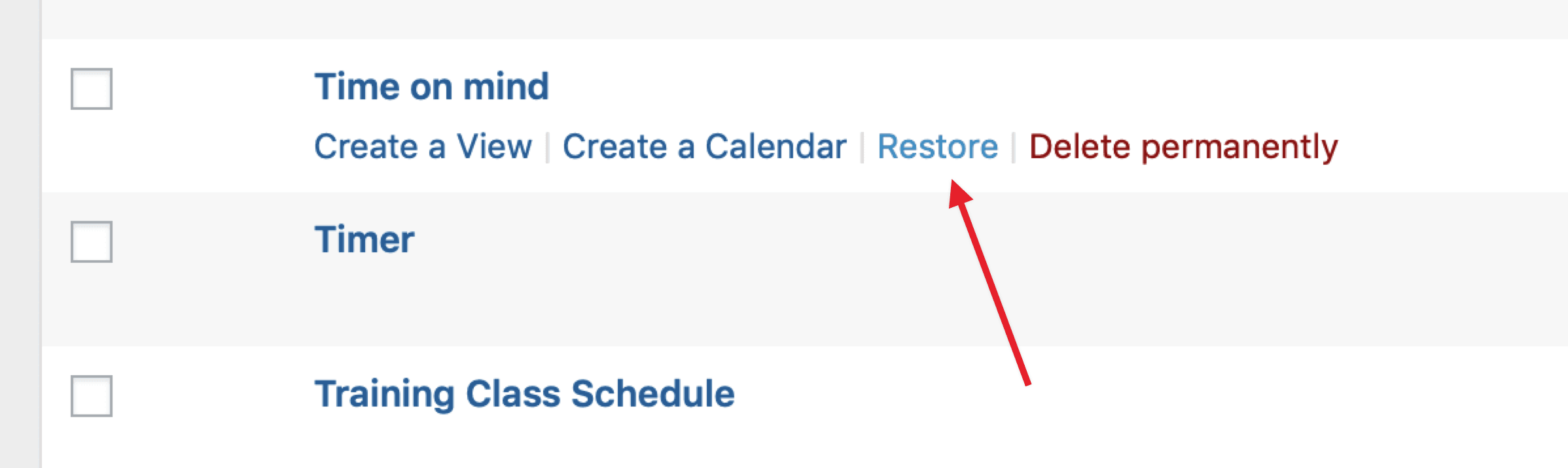 Hovering over a form in the Trash folder, with arrow pointing at Restore link