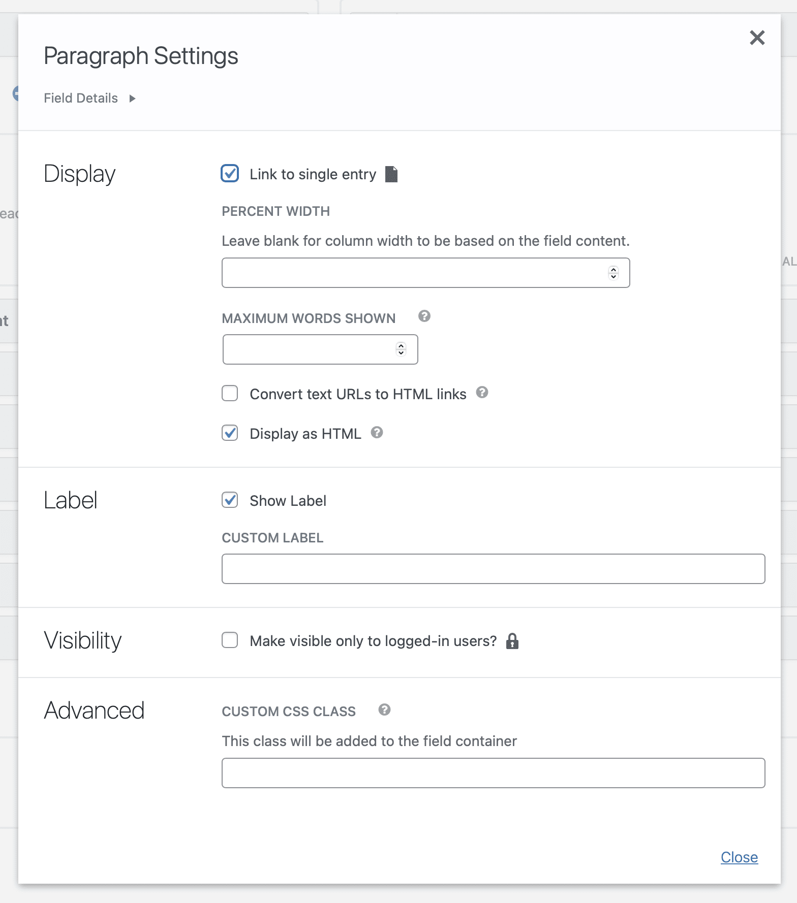 The Field Settings window, showing how settings are now grouped into appropriate categories