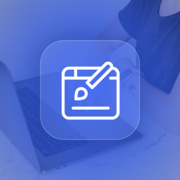 An icon of a design palette on top of a picture of a person using a laptop.