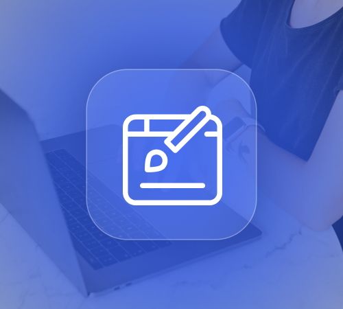 An icon of a design palette on top of a picture of a person using a laptop.