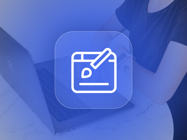 An icon of a design palette on top of a picture of a person using a laptop.