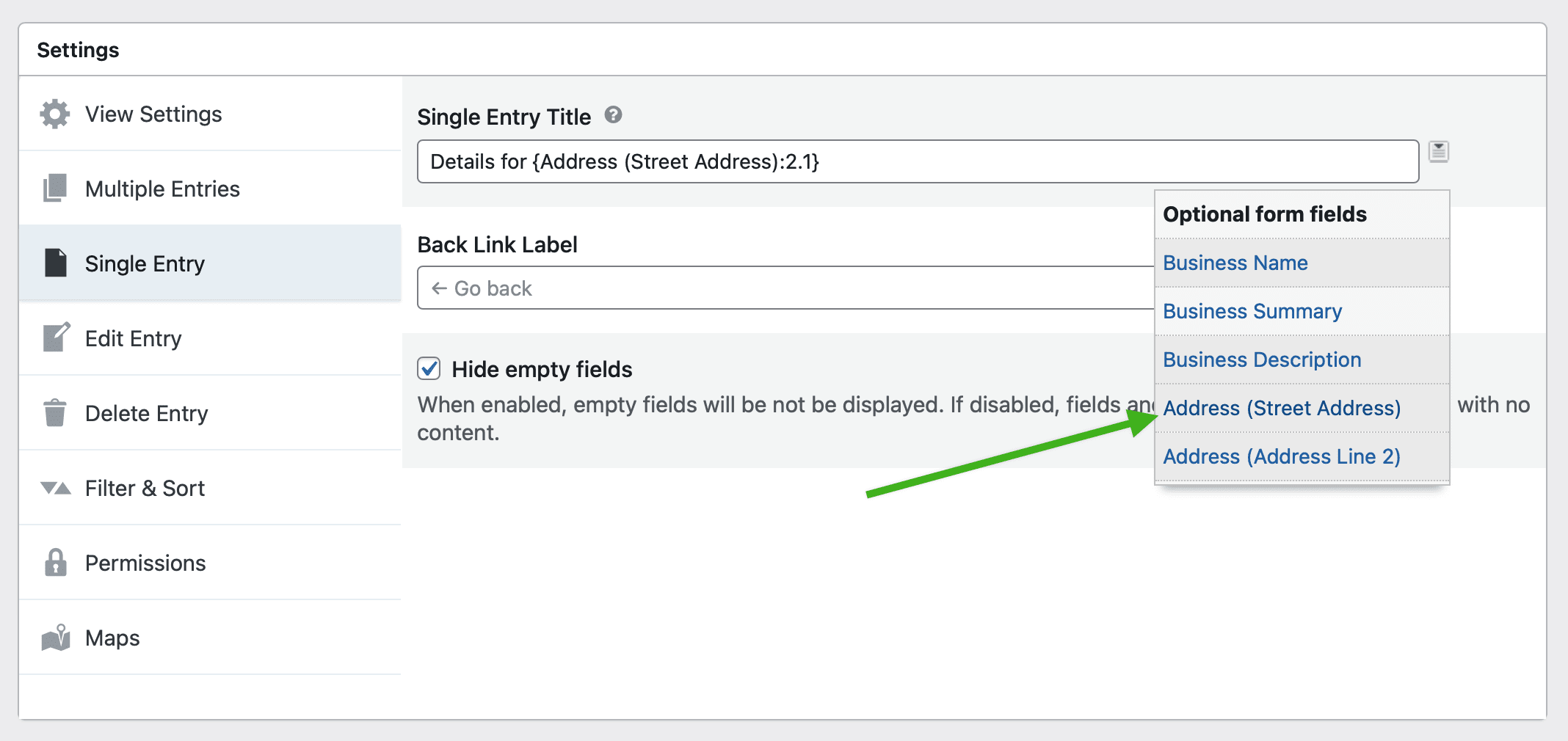 Screenshot of clicking a Merge Tag icon next to the Single Entry Title input