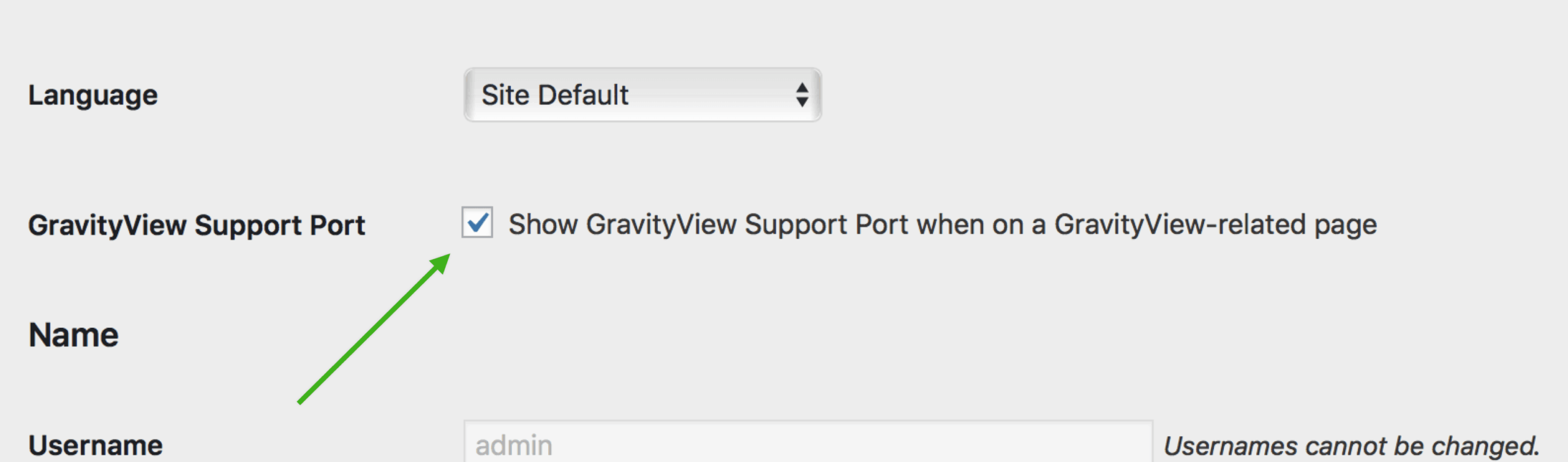 GravityView Support Port setting in the WordPress User Profile screen