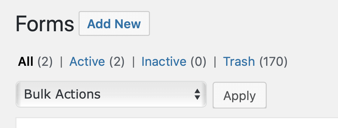 Forms page with options to view all, active, inactive, and trash forms; includes bulk actions dropdown