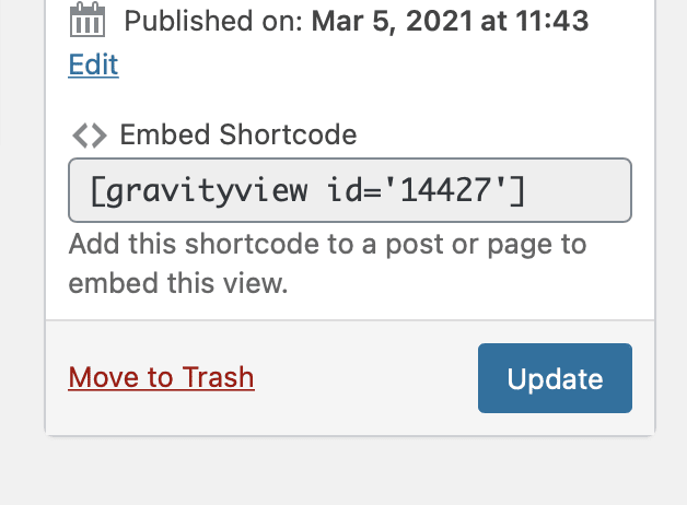 Embed shortcode instructions with options to update or move to trash