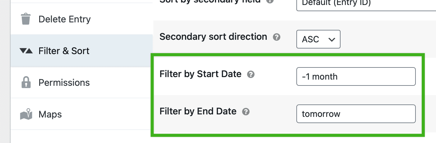 Screenshot of the Start Date and End Date settings