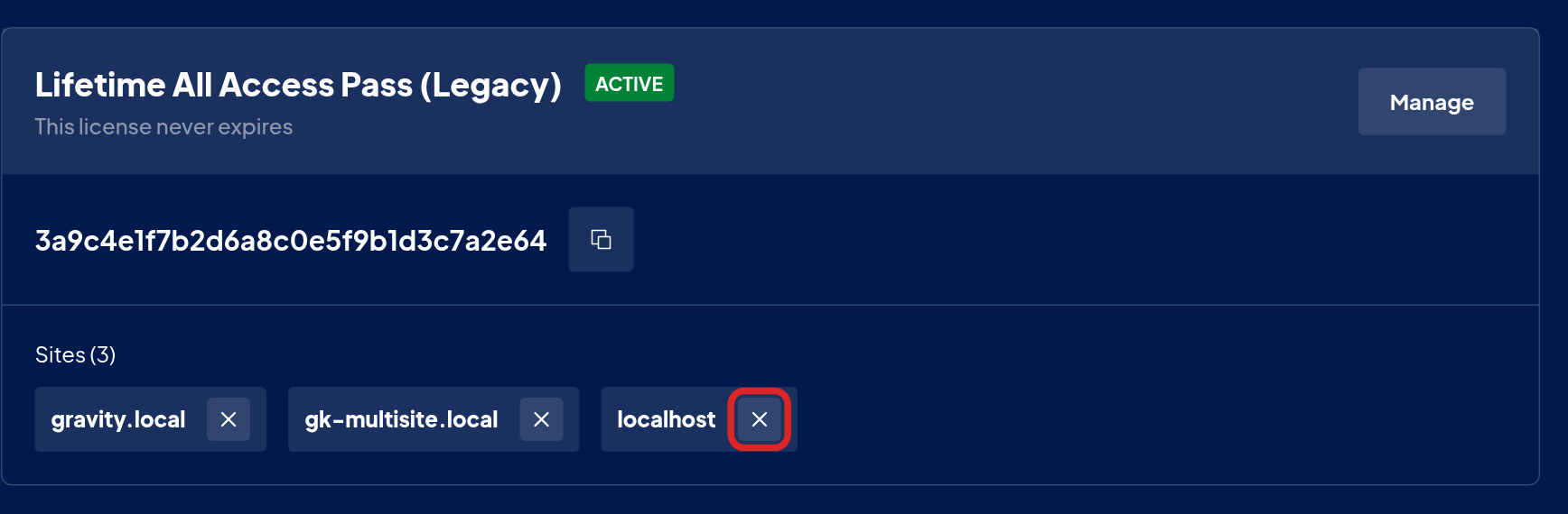 A license on the Licenses page of the GravityKit account, with the × button next to a site outlined