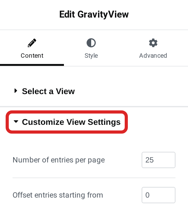 The GravityView widget's Content tab in Elementor with the Customize View Settings section outlined and open