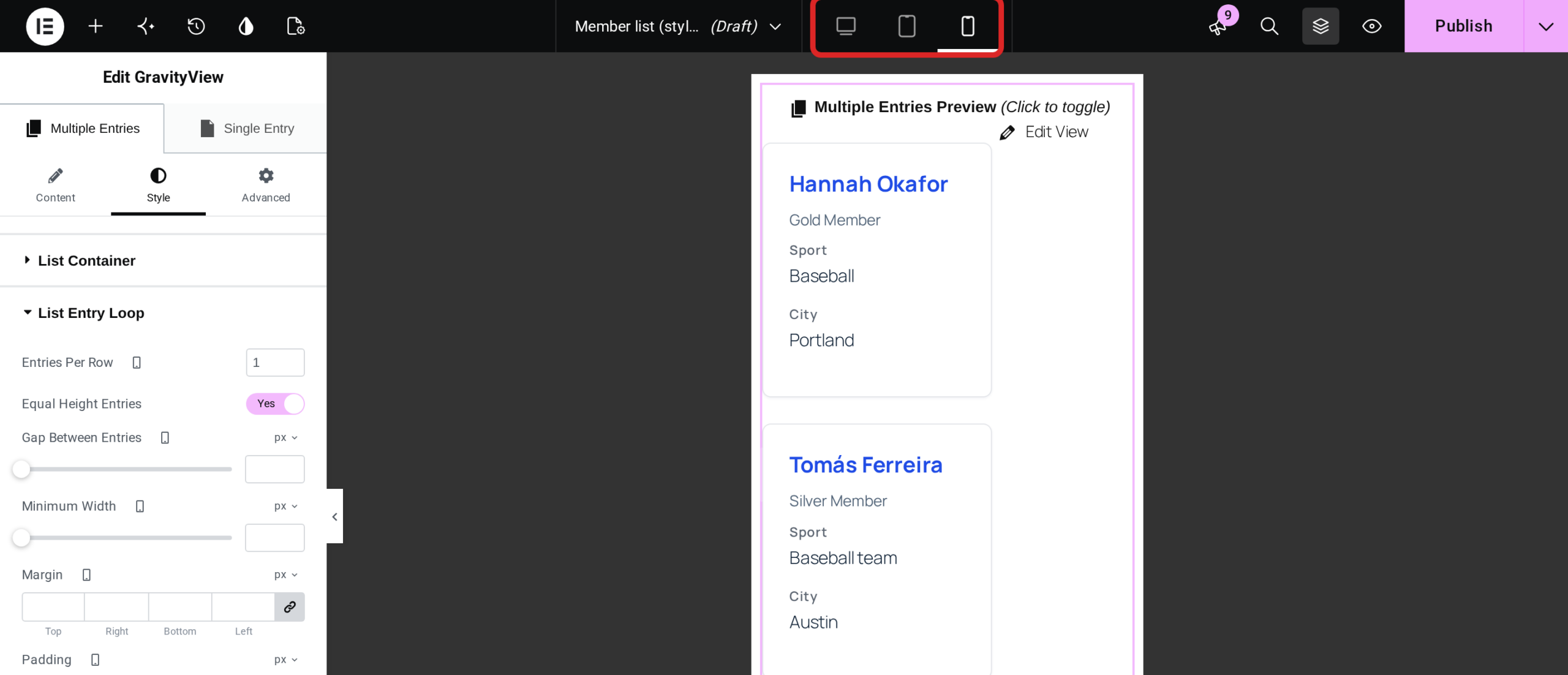Elementor in phone view with the device icons outlined, Entries Per Row set to 1 under List Entry Loop, and a List View showing one member per row