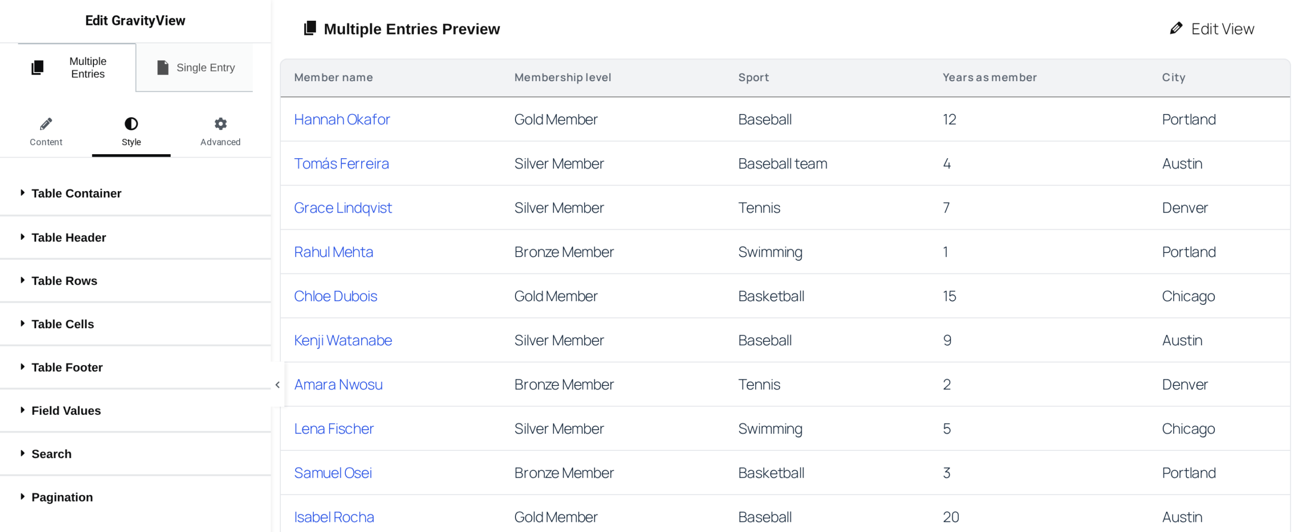 The GravityView widget's Style tab in Elementor for a Table View, with the Multiple Entries and Single Entry tabs above the Table Container to Pagination sections, next to the View's preview
