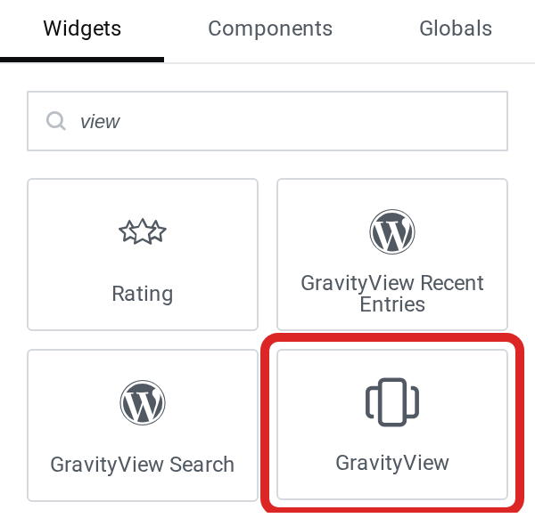 Elementor's widget panel searched for view, with the GravityView widget outlined among Rating, GravityView Recent Entries and GravityView Search