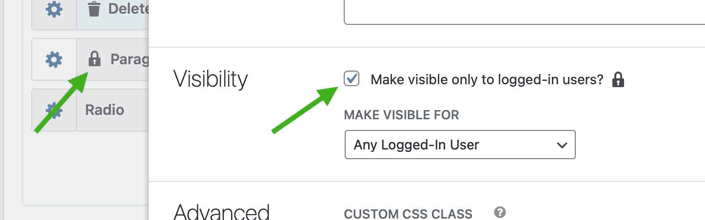 An arrow pointing to the "Make visible only to logged-in users?" checkbox and another arrow showing the new lock indicator icons