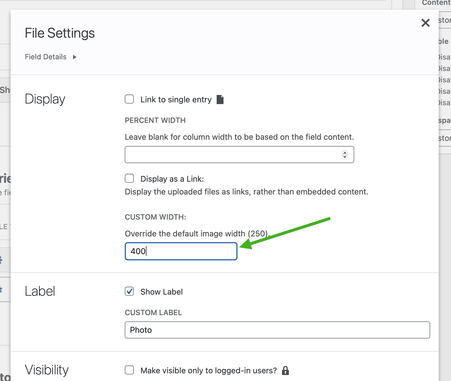 Overriding the default image width by entering a value in the Custom Width field