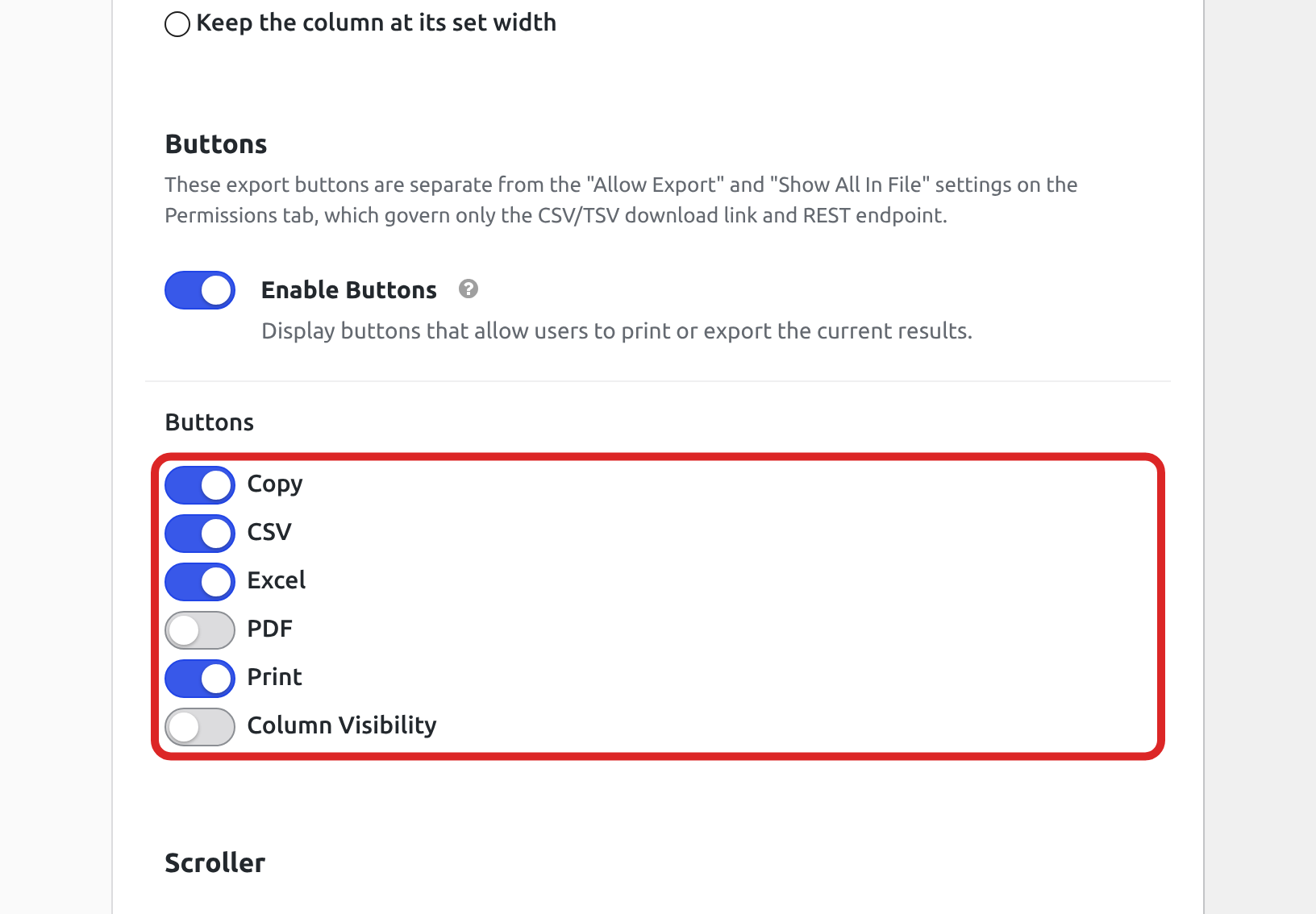 The Buttons section of the DataTables tab, with Copy, CSV, Excel and Print turned on