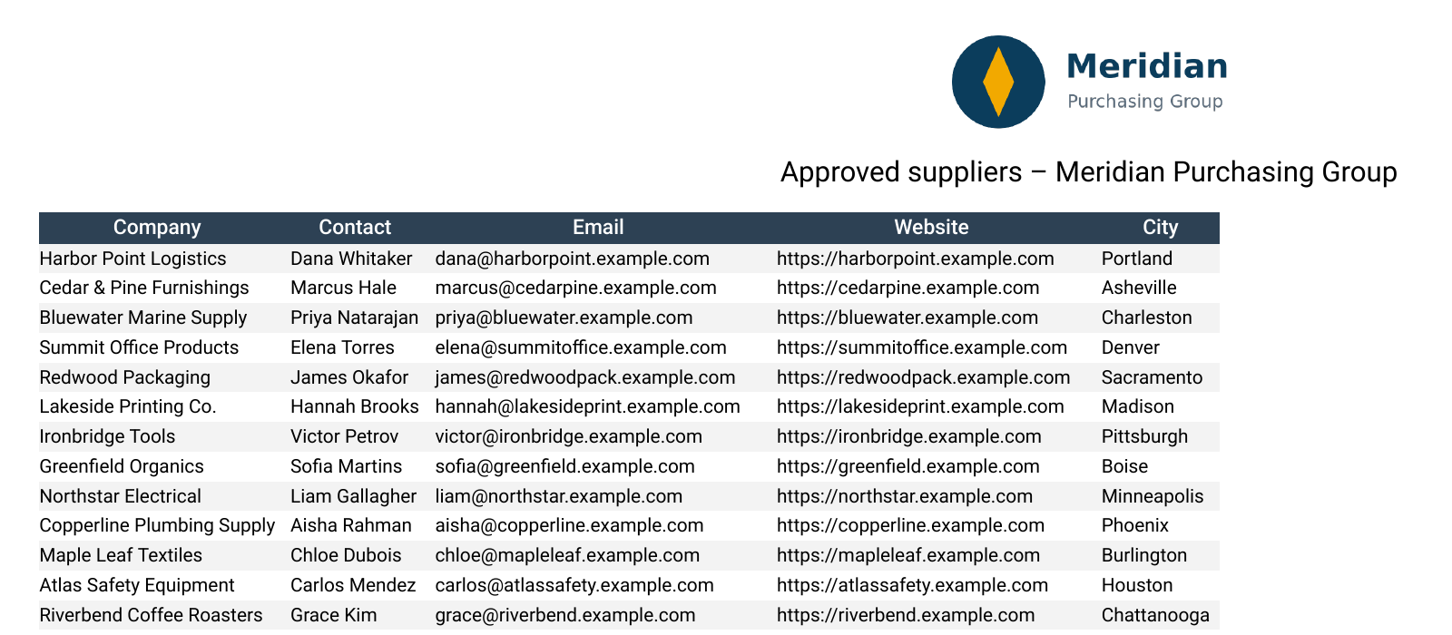 The top of a DataTables PDF export, with the Meridian Purchasing Group logo above the title and a table of suppliers below it