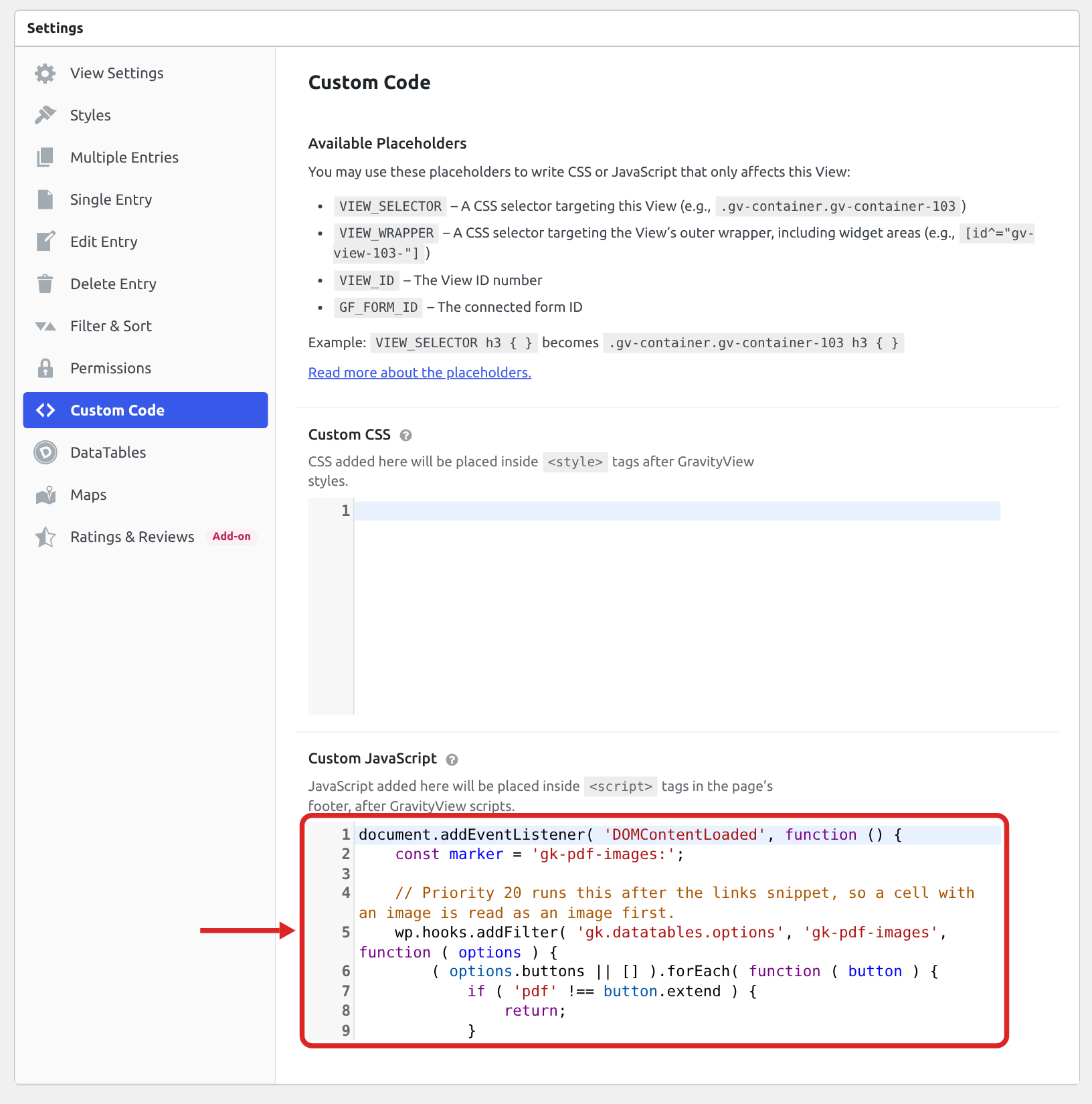 The Settings box of a View with the Custom Code tab selected and the images snippet pasted into the Custom JavaScript field, which is outlined in red