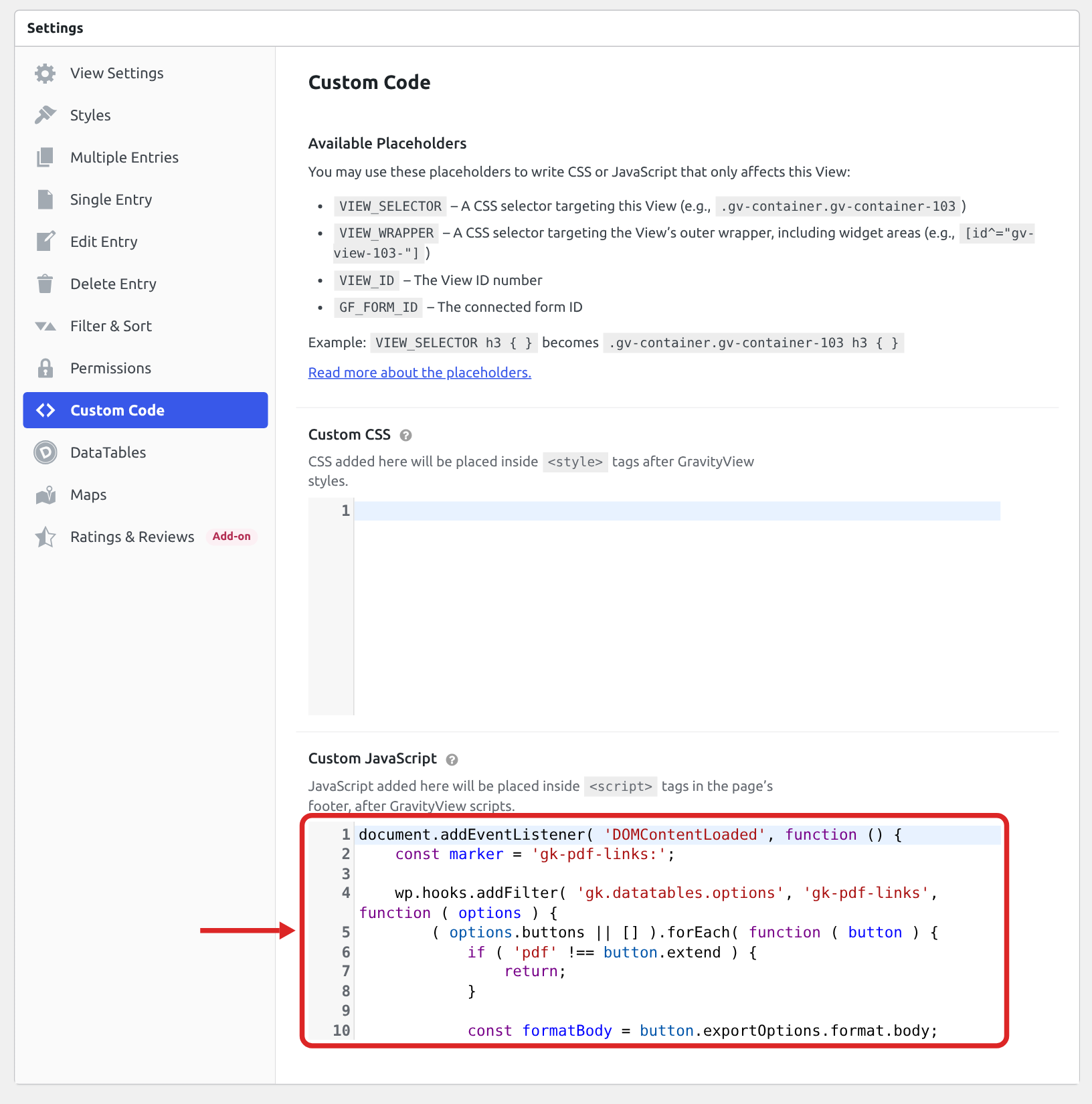 The Settings box of a View with the Custom Code tab selected and the links snippet pasted into the Custom JavaScript field, which is outlined in red