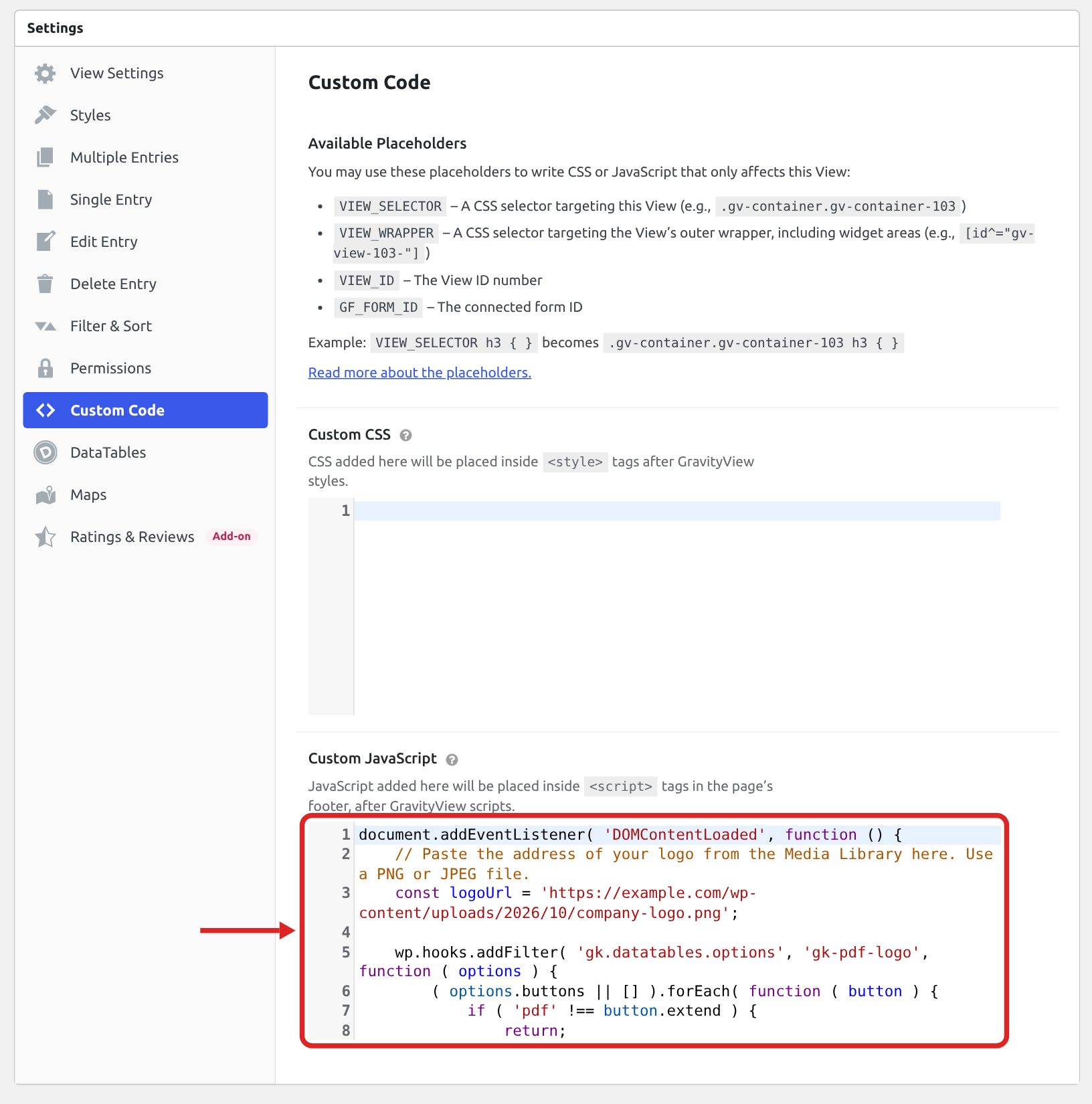 The Settings box of a View with the Custom Code tab selected and the logo snippet pasted into the Custom JavaScript field, which is outlined in red