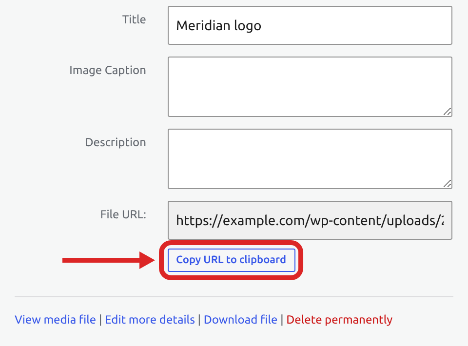 The Attachment details panel of a logo in the WordPress Media Library, with the Copy URL to clipboard button under the File URL field outlined in red