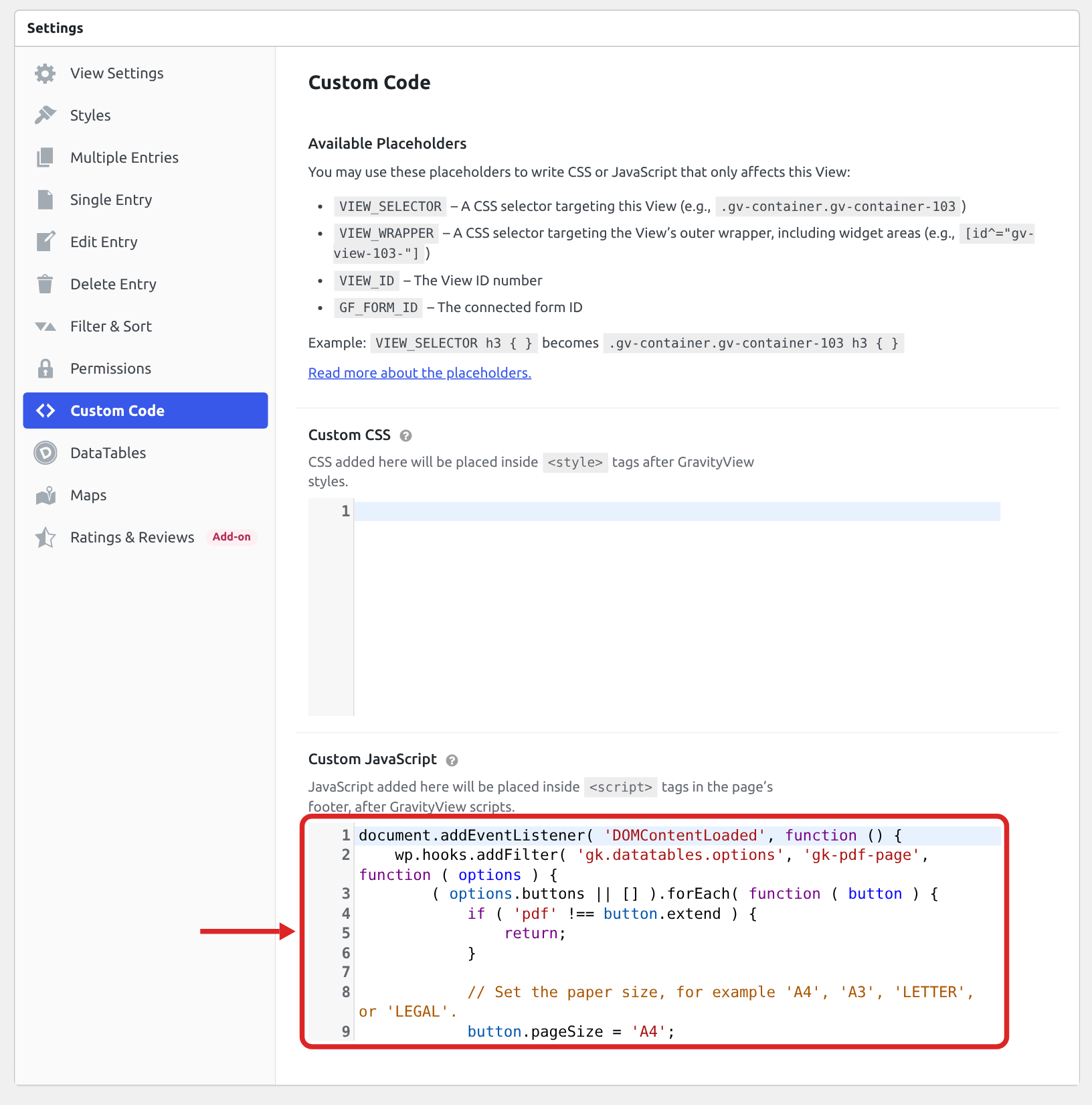 The Settings box of a View with the Custom Code tab selected and the page size snippet pasted into the Custom JavaScript field, which is outlined in red