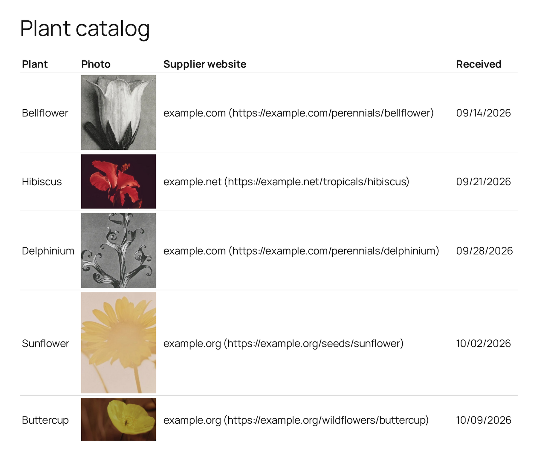 Print view of a plant catalog with a photo in each row and the supplier's website address beside it