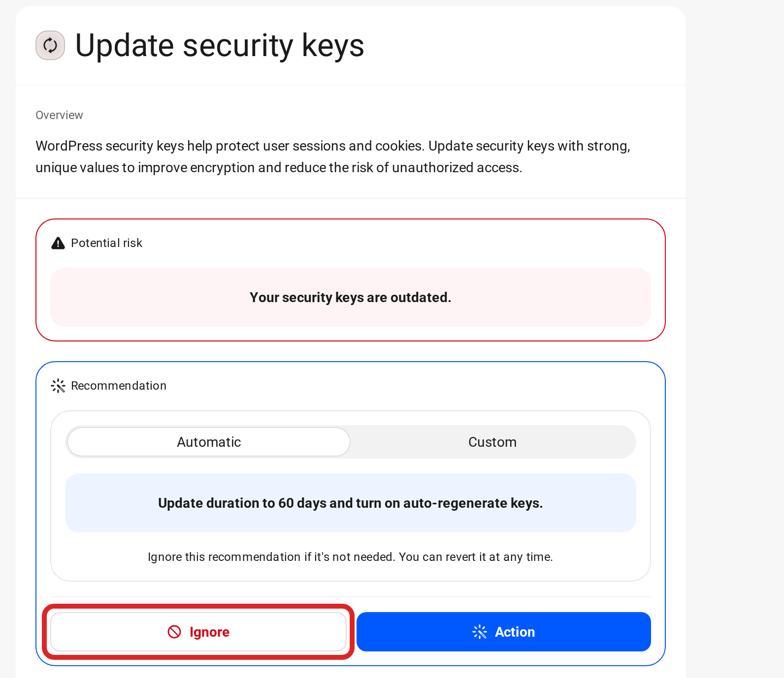 WP Defender Update security keys recommendation on the Hardening tab, with the Ignore button outlined