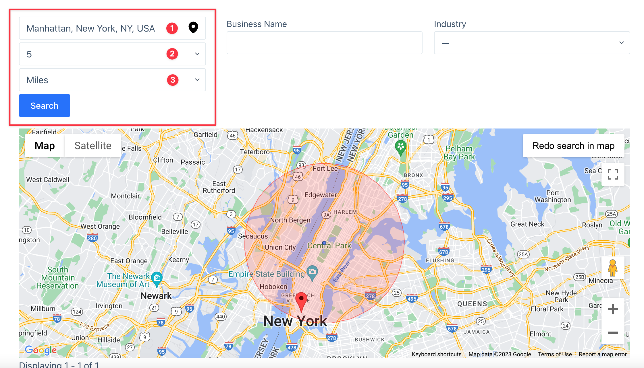 A View with a map with search fields for location, radius size and radius unit