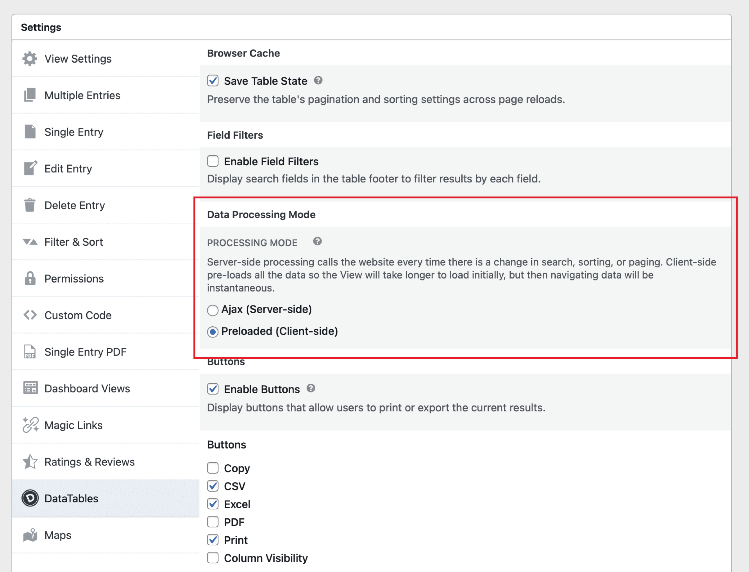 The DataTables Settings tab is activated in the Settings Meta box. The Data Processing Mode section is highlighted in the screenshot with a red square.