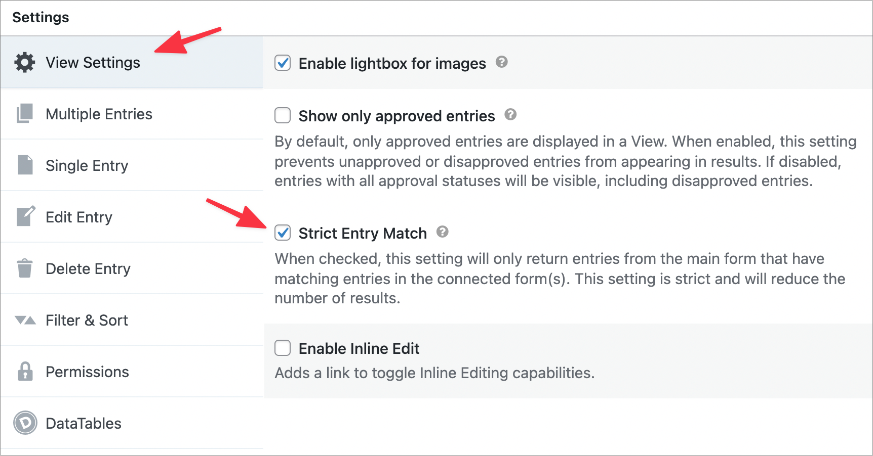 A checkbox that says 'Strict Entry Match' in the GravityView View Settings