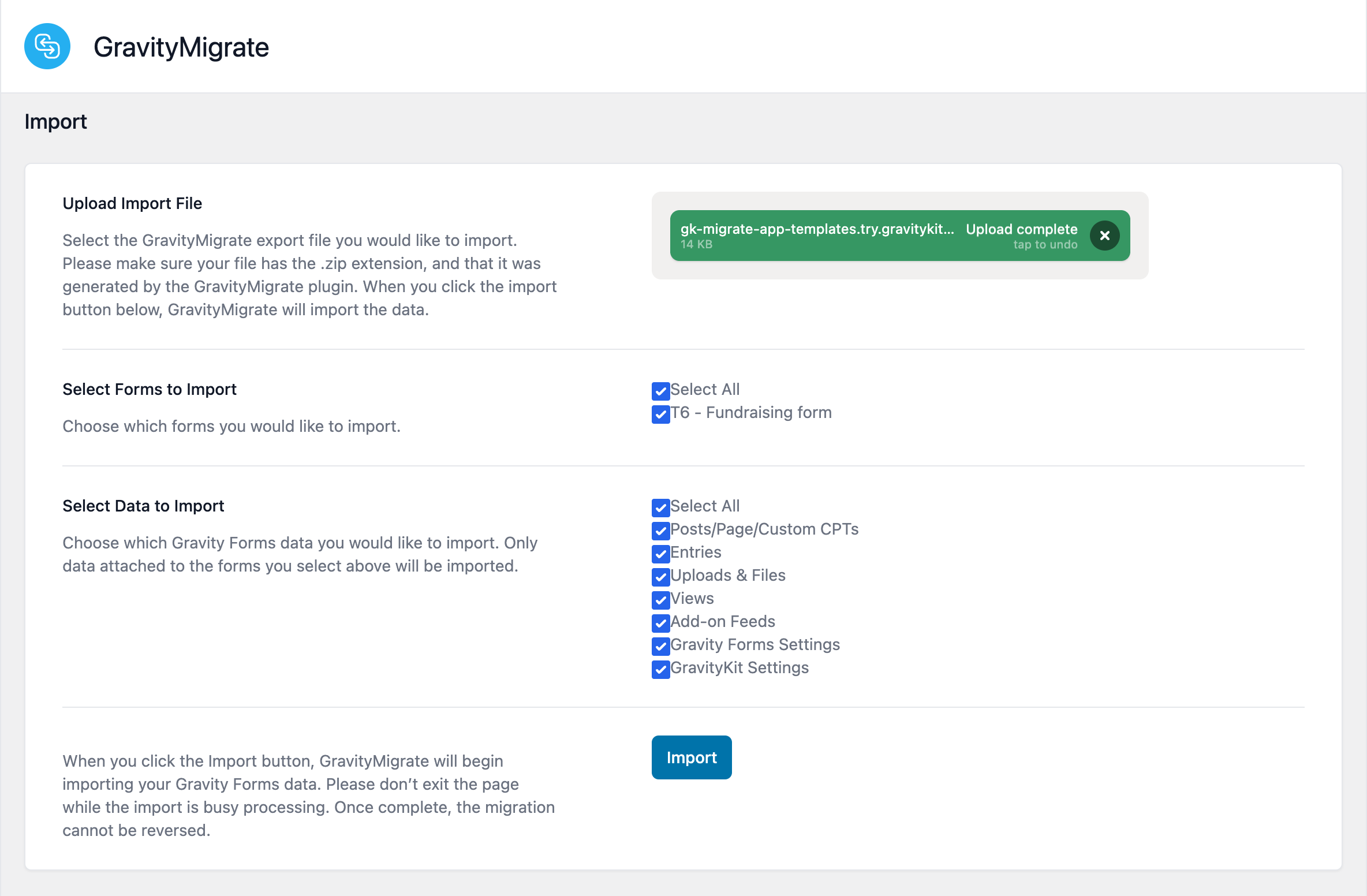 The GravityMigrate import screen showing template upload and import options