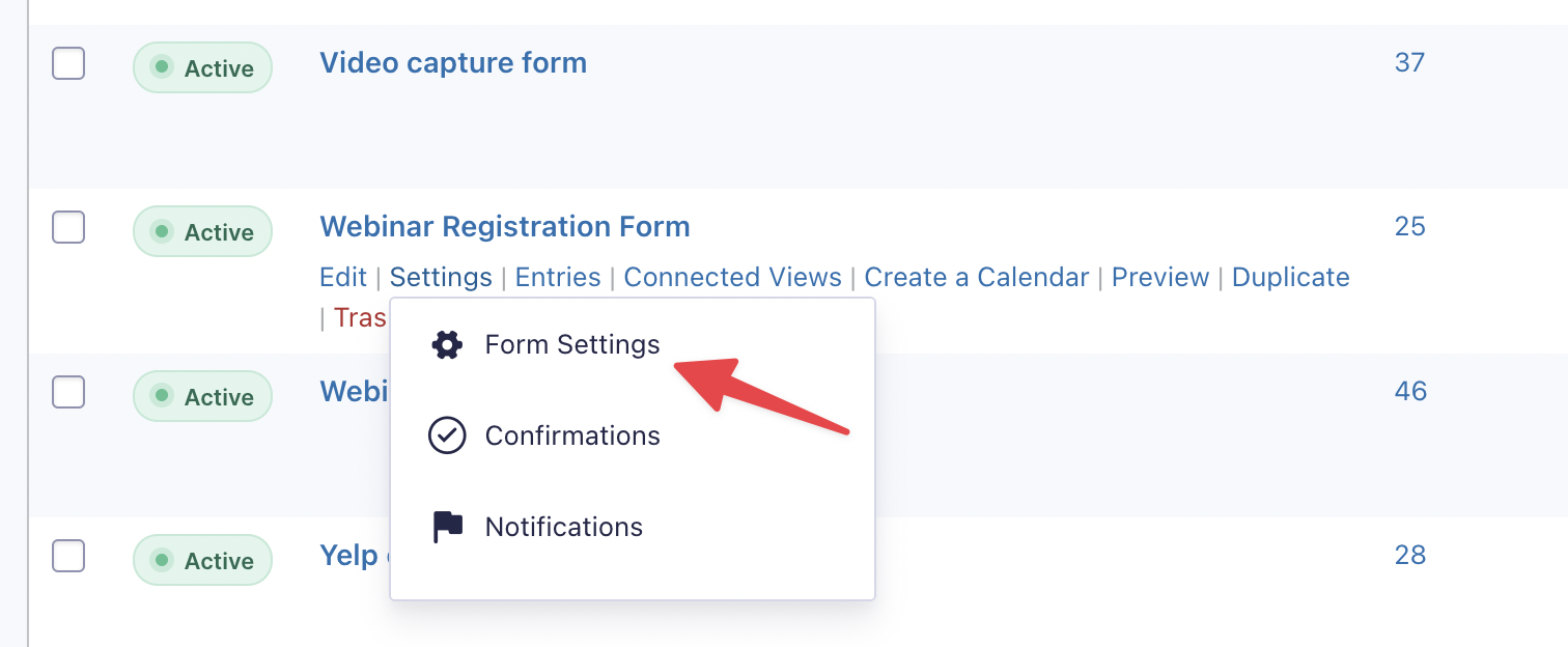 The Form Settings link that appears when hovering over a form in Gravity Forms