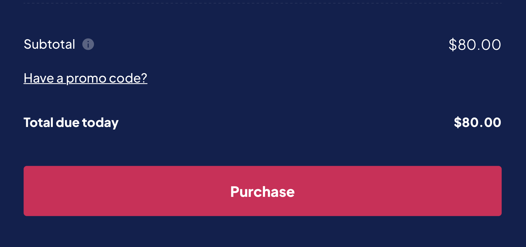 Subtotal calculation showing $80