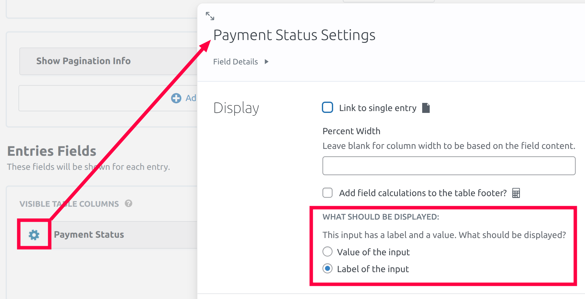 Payment Status Settings configuration panel with display options