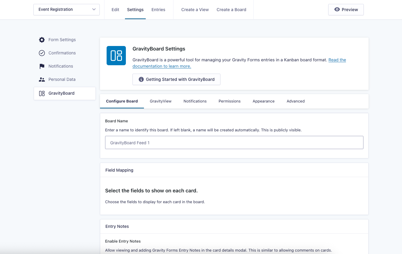 GravityBoard Settings tabs overview