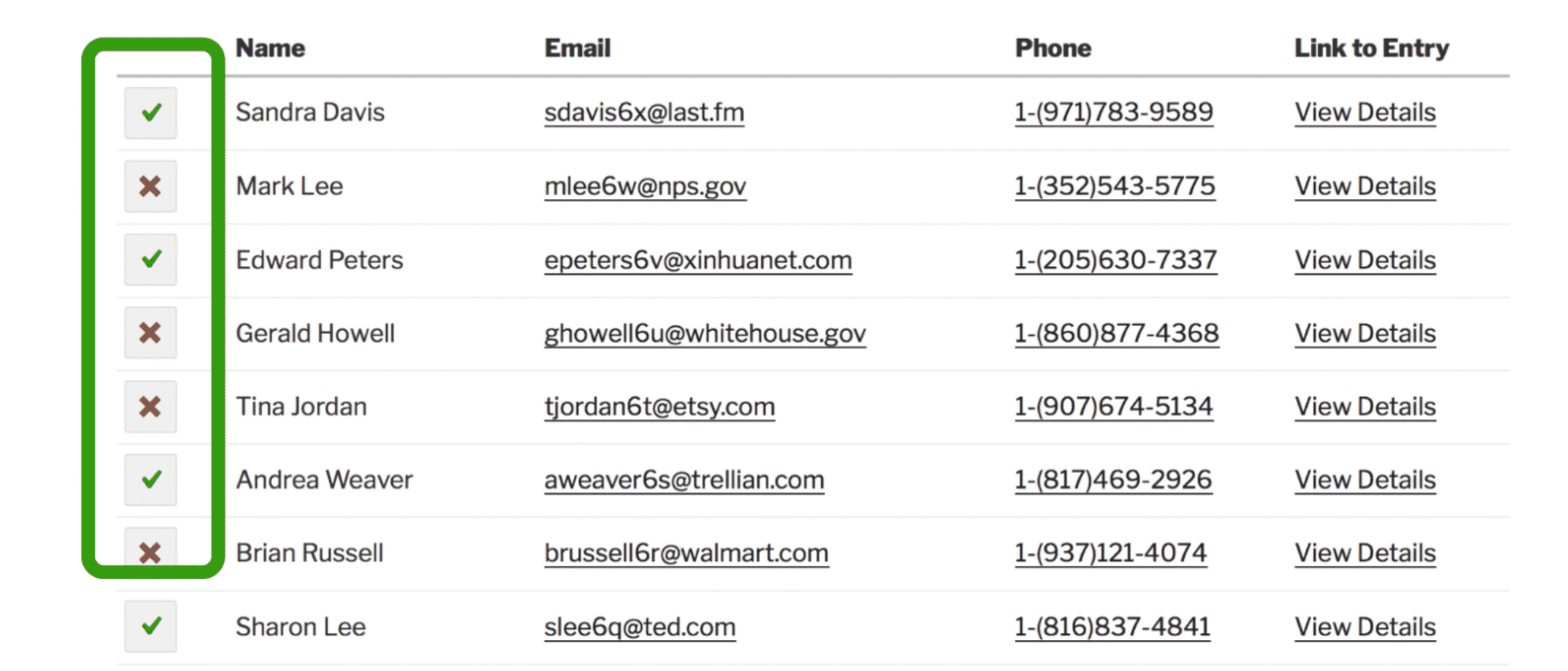 Contact list with approval checkmarks and X marks for entries