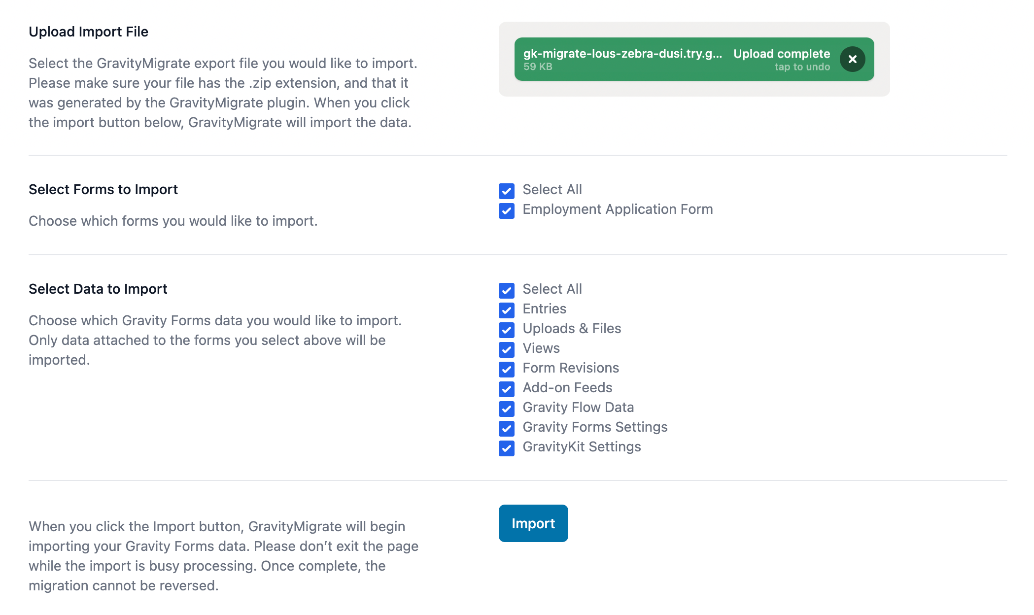 The import settings in GravityMigrate