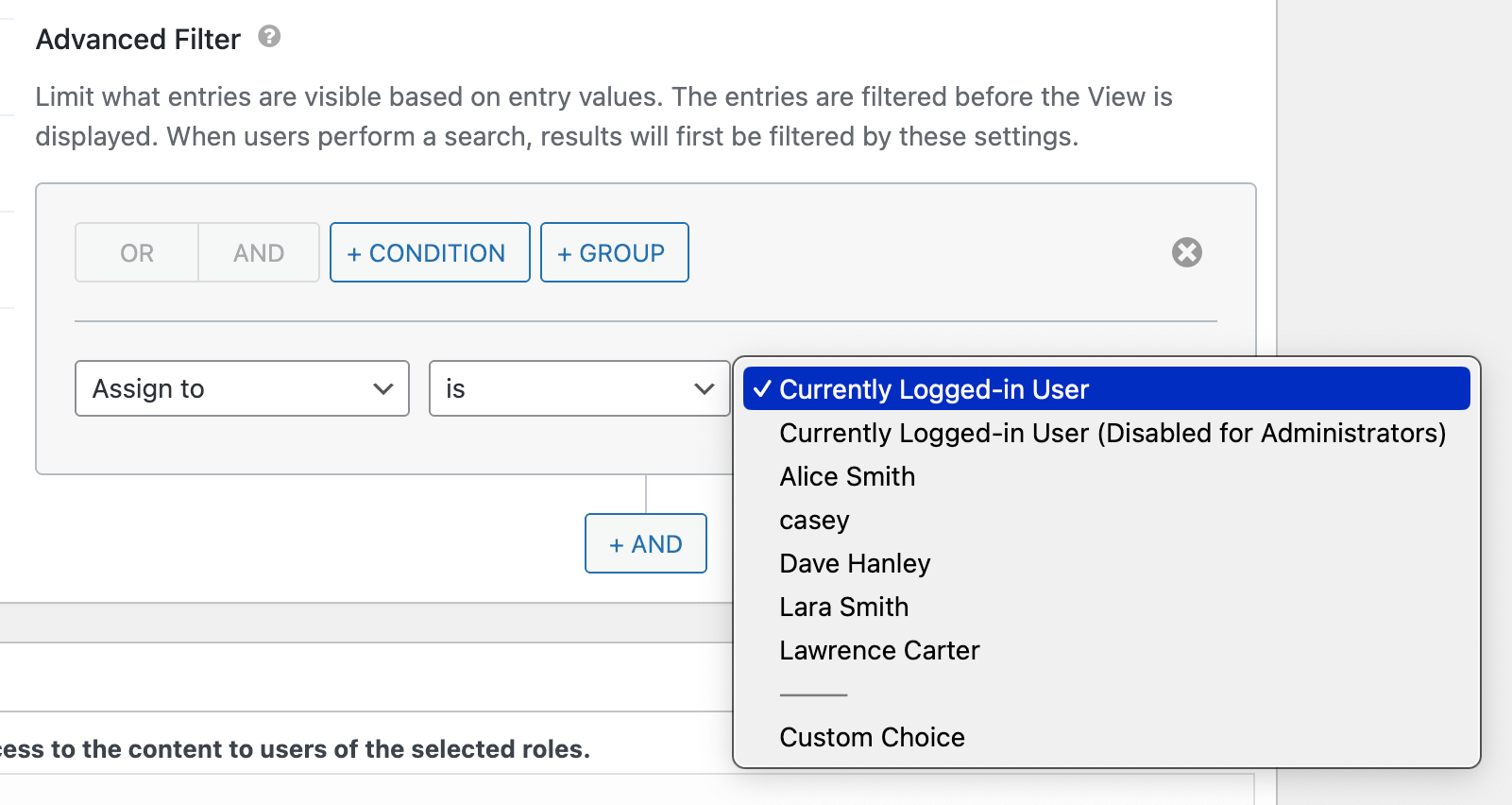 The Advanced Filter settings panel in GravityView. A filter condition is set to